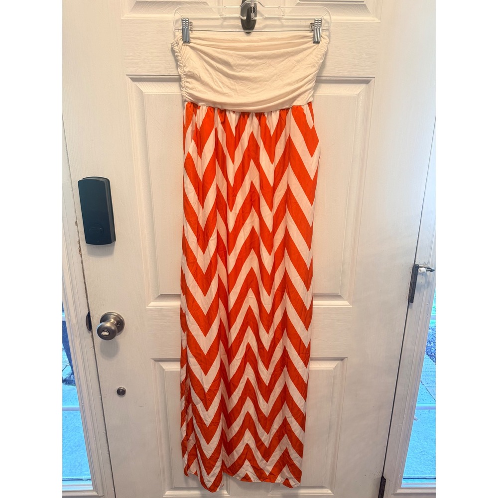 Coveted Clothing Orange White Chevron Strapless Maxi Dress with Pockets